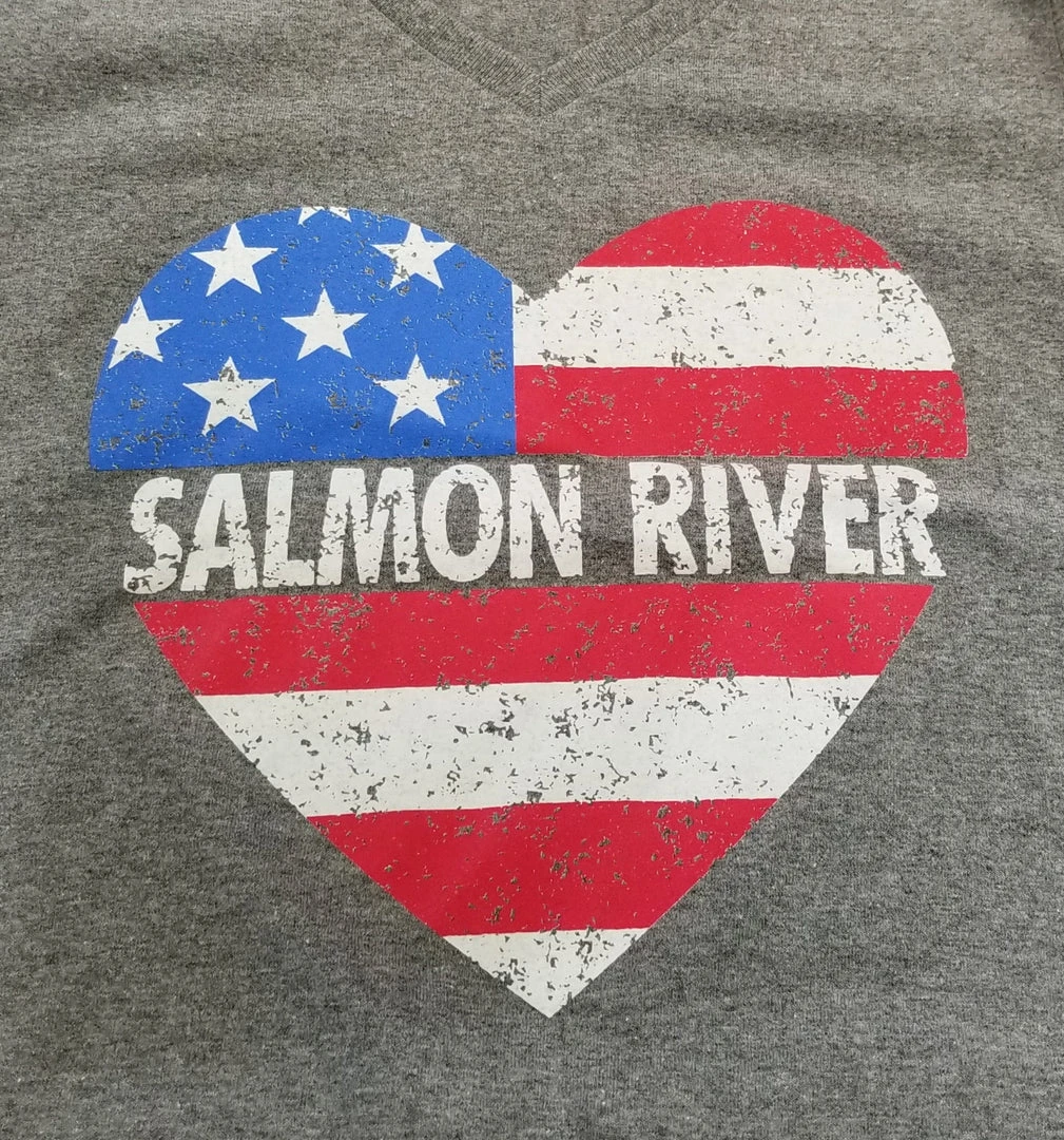 Fat Nancy's Tackle Shop Apparel Ladies Salmon River Flag Heart T-Shirt