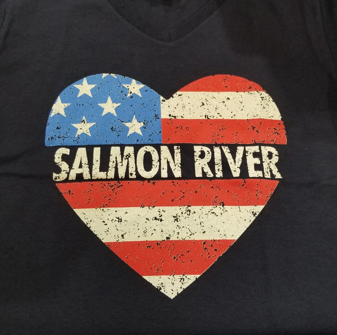 Fat Nancy's Tackle Shop Apparel Ladies Salmon River Flag Heart T-Shirt